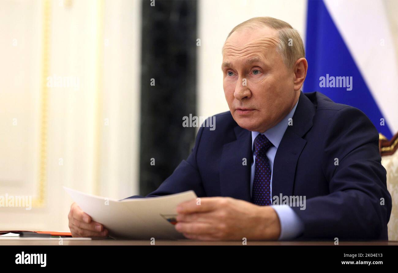 Moscow, Russia. 09th Sep, 2022. Russian President Vladimir Putin, hosts a teleconference meeting with the permanent members of the Security Council from the Kremlin, September 9, 2022 in Moscow, Russia. Credit: Gavriil Grigorov/Kremlin Pool/Alamy Live News Stock Photo