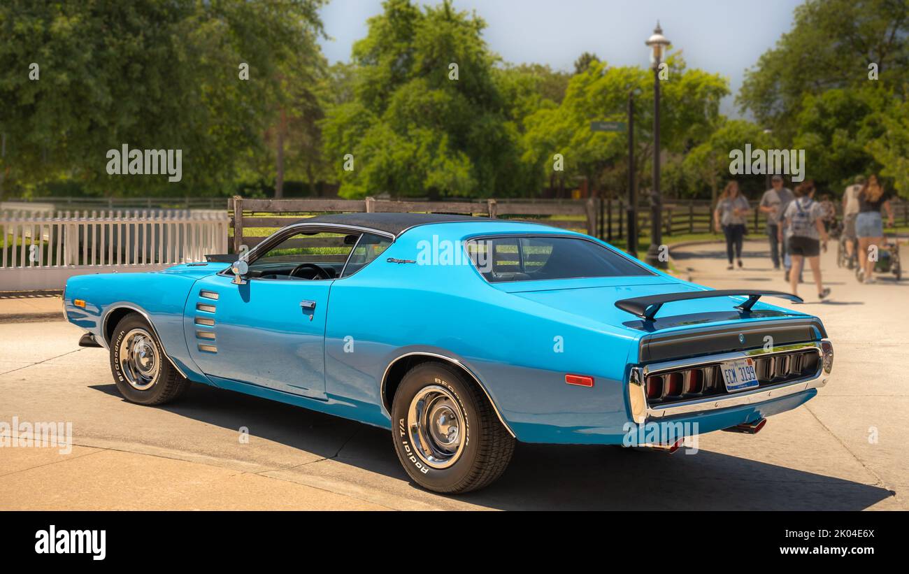 DEARBORN, MI/USA - JUNE 18, 2022: A 1972 Dodge Charger Rallye 340 Magnum car at the Henry Ford (THF) Motor Muster car show, Greenfield Village. Stock Photo