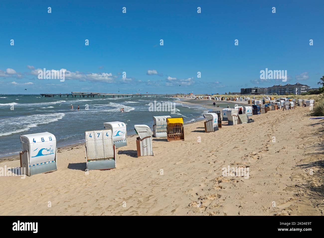 Pier, beach chairs, Steinwarder peninsula, Heiligenhafen, Schleswig-Holstein, Germany Stock Photo