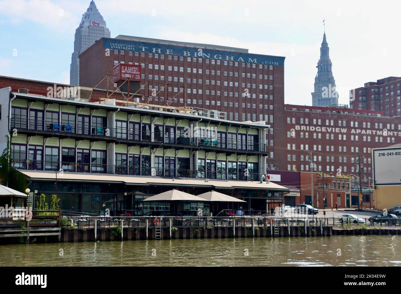 Buildings by Cuyahoga river in the Flats area of Cleveland, Ohio Stock Photo