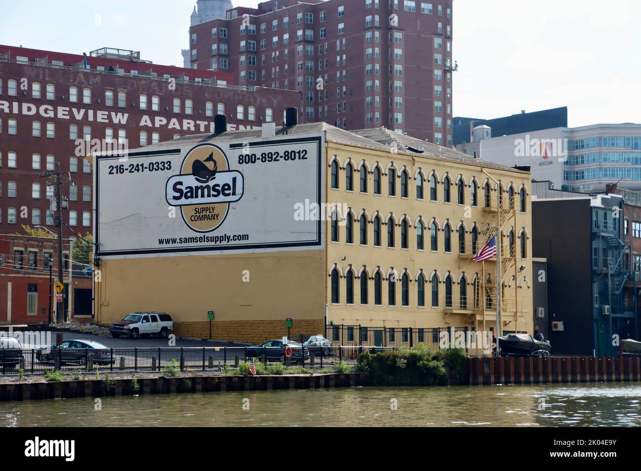 The Samsel Supply Company buildings by Cuyahoga river in the Flats area of Cleveland, Ohio Stock Photo