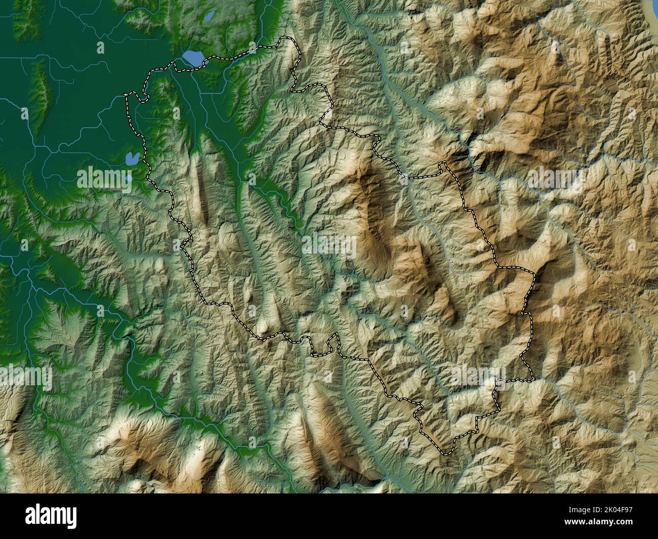 Berat, county of Albania. Colored elevation map with lakes and rivers ...