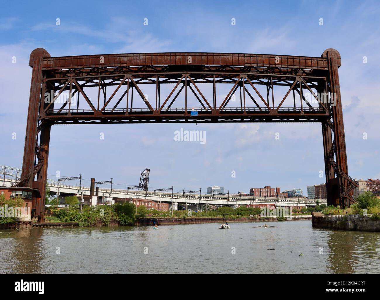 Cuyahoga River Bridge or Iron Curtain Bridge, a railroad bridge over Cuyahoga river in Cleveland, Ohio.  One of Clevelands 330 bridges. Stock Photo