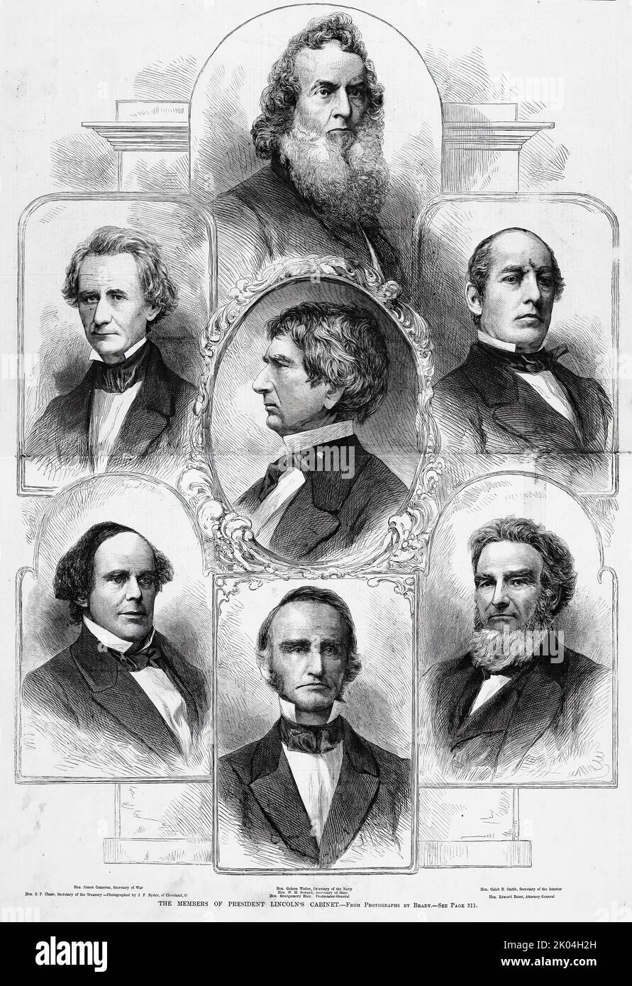 Portraits of the Members of President Lincoln's Cabinet - Simon Cameron, S. P. Chase, Gideon Welles, W. H. Seward, Montgomery Blair, Caleb B. Smith, Edward Bates (1861). 19th century American Civil War illustration from Frank Leslie's Illustrated Newspaper Stock Photo