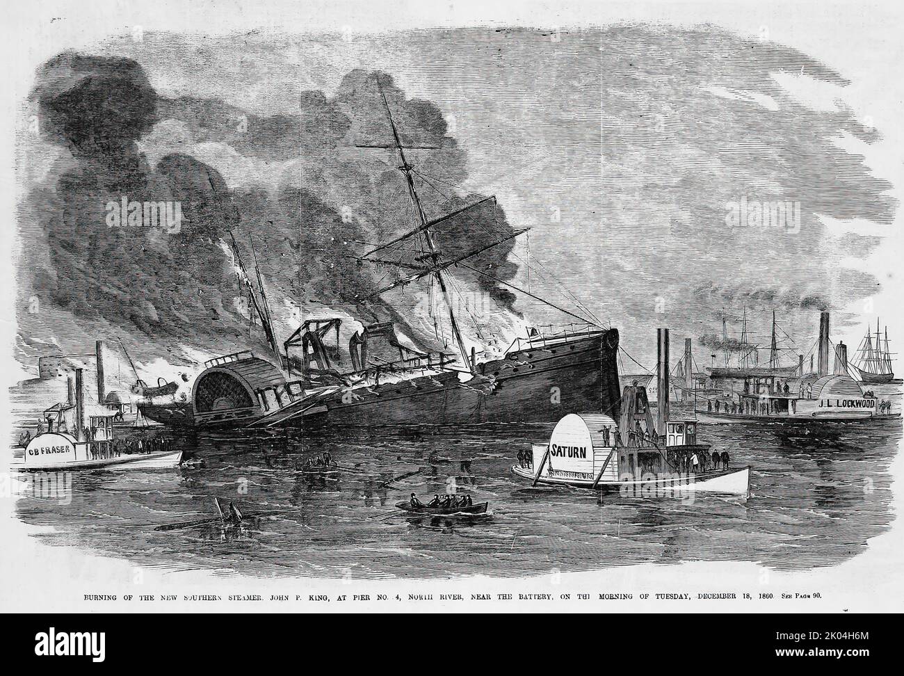 Burning of the new southern steamer John P. King, at Pier No. 4, North River (Hudson River), New York, near the battery, on December 18th, 1860. 19th century illustration from Frank Leslie's Illustrated Newspaper Stock Photo