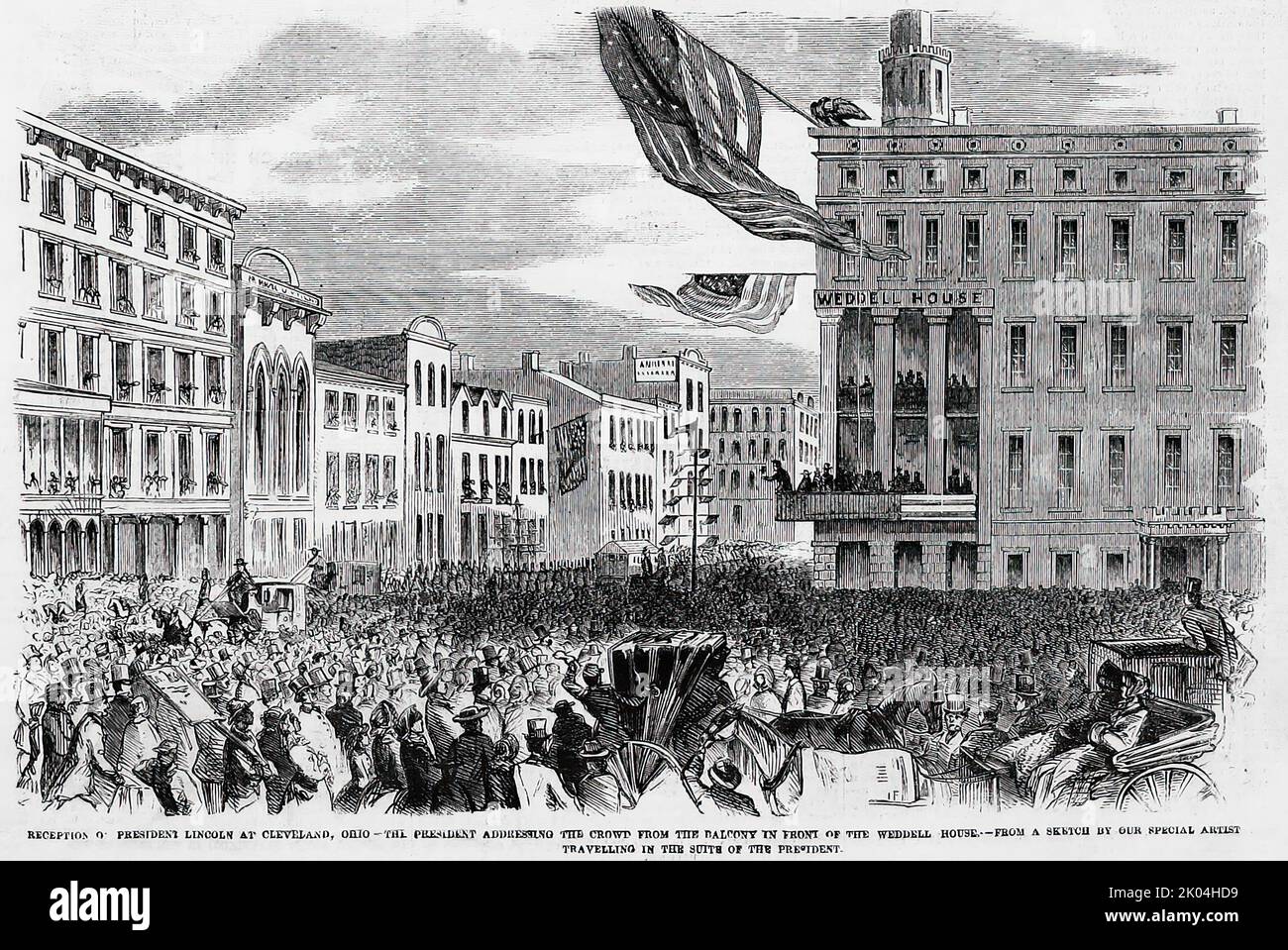 Reception of President Abraham Lincoln at Cleveland, Ohio - The President addressing the crowd from the balcony in front of the Wendell House, February 1861. 19th century American Civil War era illustration from Frank Leslie's Illustrated Newspaper Stock Photo