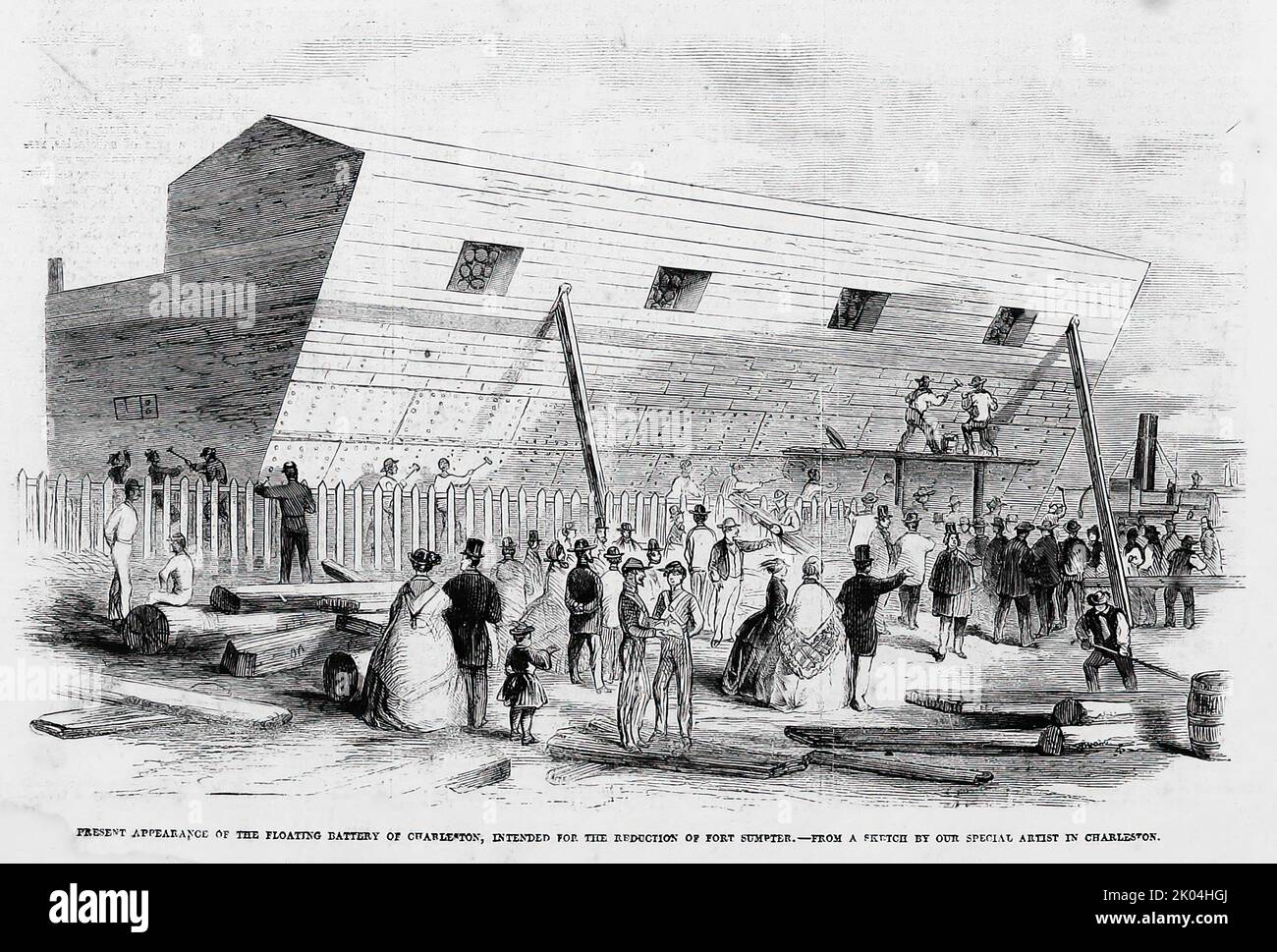 Present appearance of the Floating Battery of Charleston Harbor, South Carolina, intended for the reduction of Fort Sumter, March 1861. 19th century illustration from Frank Leslie's Illustrated Newspaper Stock Photo