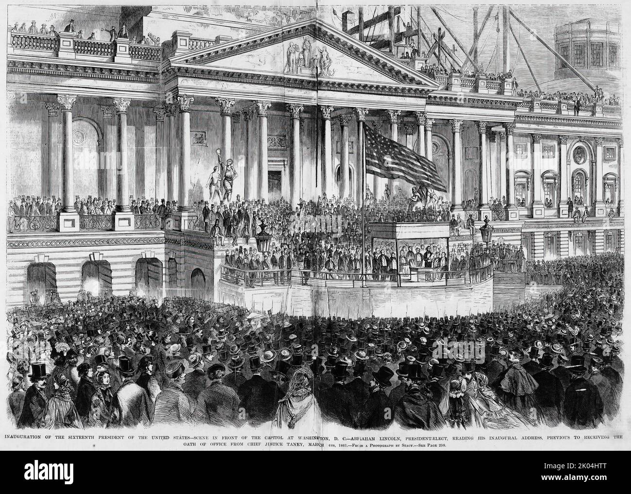 Inauguration of the Sixteenth President of the United States - Scene in front of the Capitol at Washington, D. C. - Abraham Lincoln, President Elect, reading his inaugural address, previous to receiving the Oath of Office from Chief Justice Roger B. Taney, March 4th, 1861. 19th century illustration from Frank Leslie's Illustrated Newspaper Stock Photo