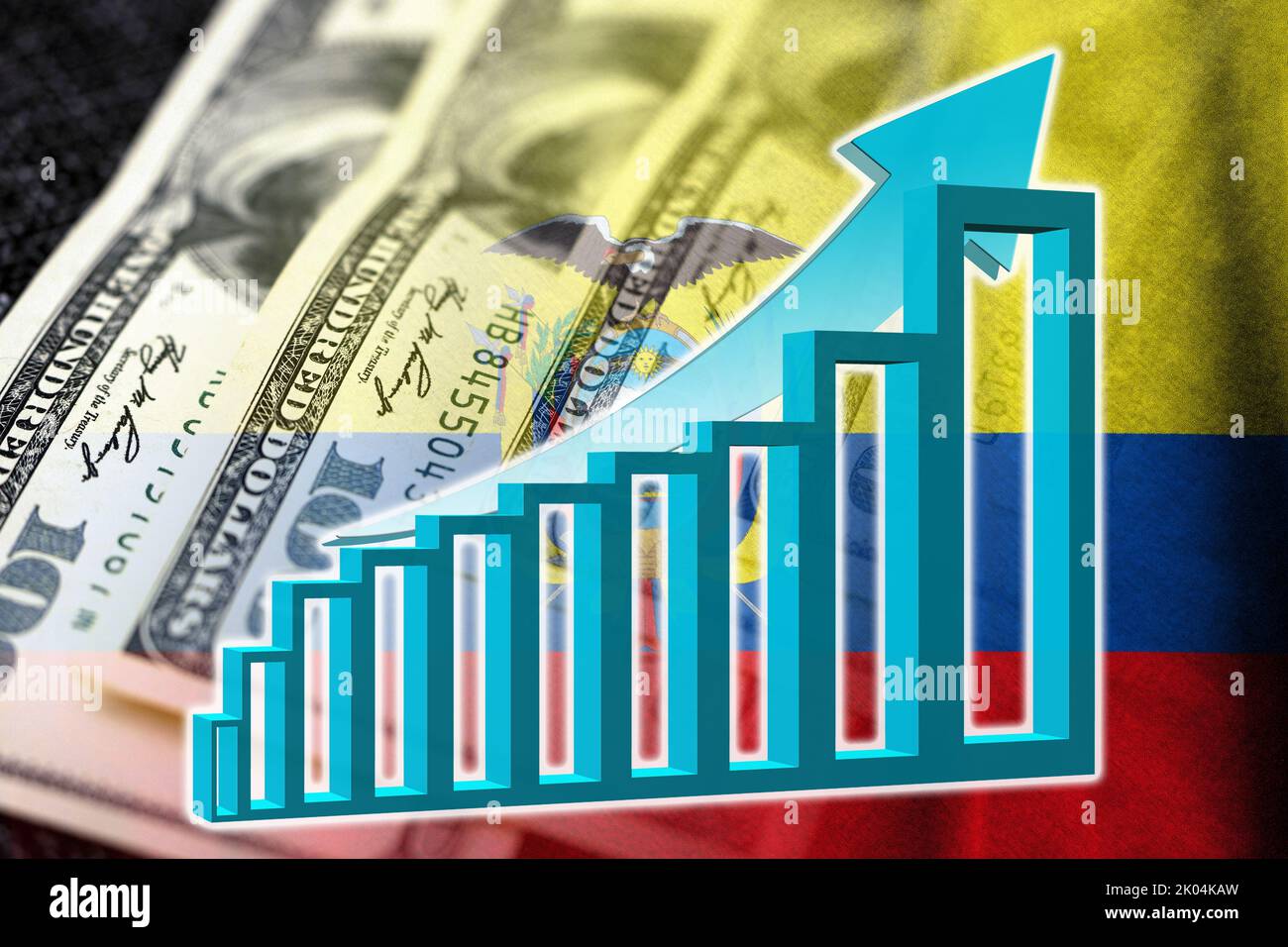 Economy Graph: Up Arrow, Cash Dollar Bills and Ecuador Flag (money, economy, business, finance, inflation, crisis, earn money, success, prosperity) Stock Photo
