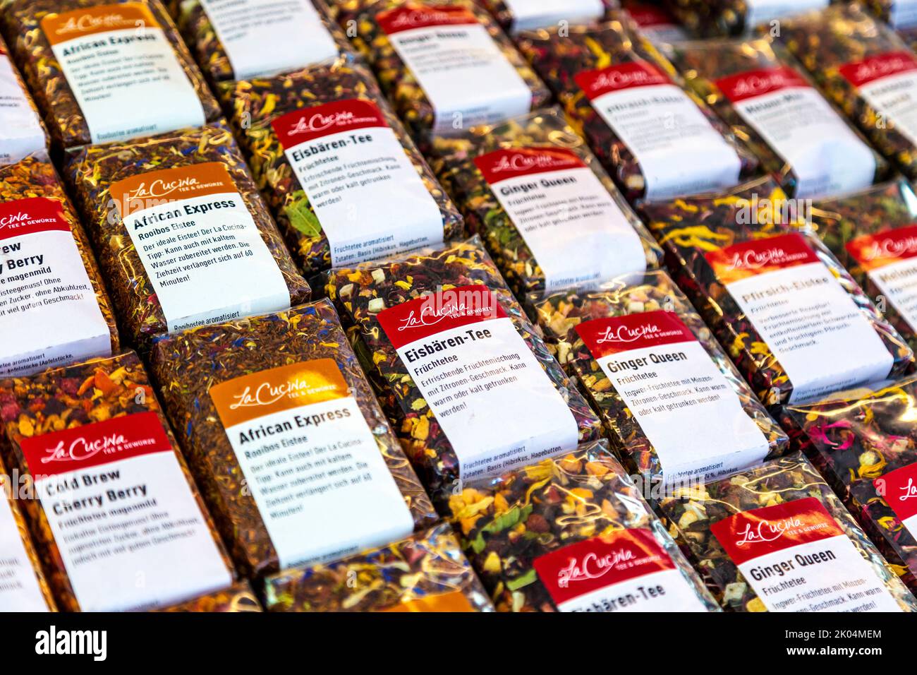 Selection of herbal teas at the market in Waisenhausplatz (Markt Waisenhausplatz), Bern, Switzerland Stock Photo