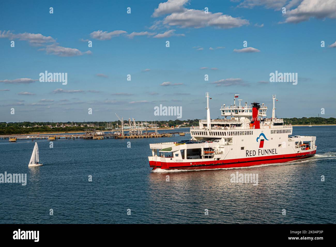 Southampton, England, UK July 7, 2022 Red funnel ferry traverses
