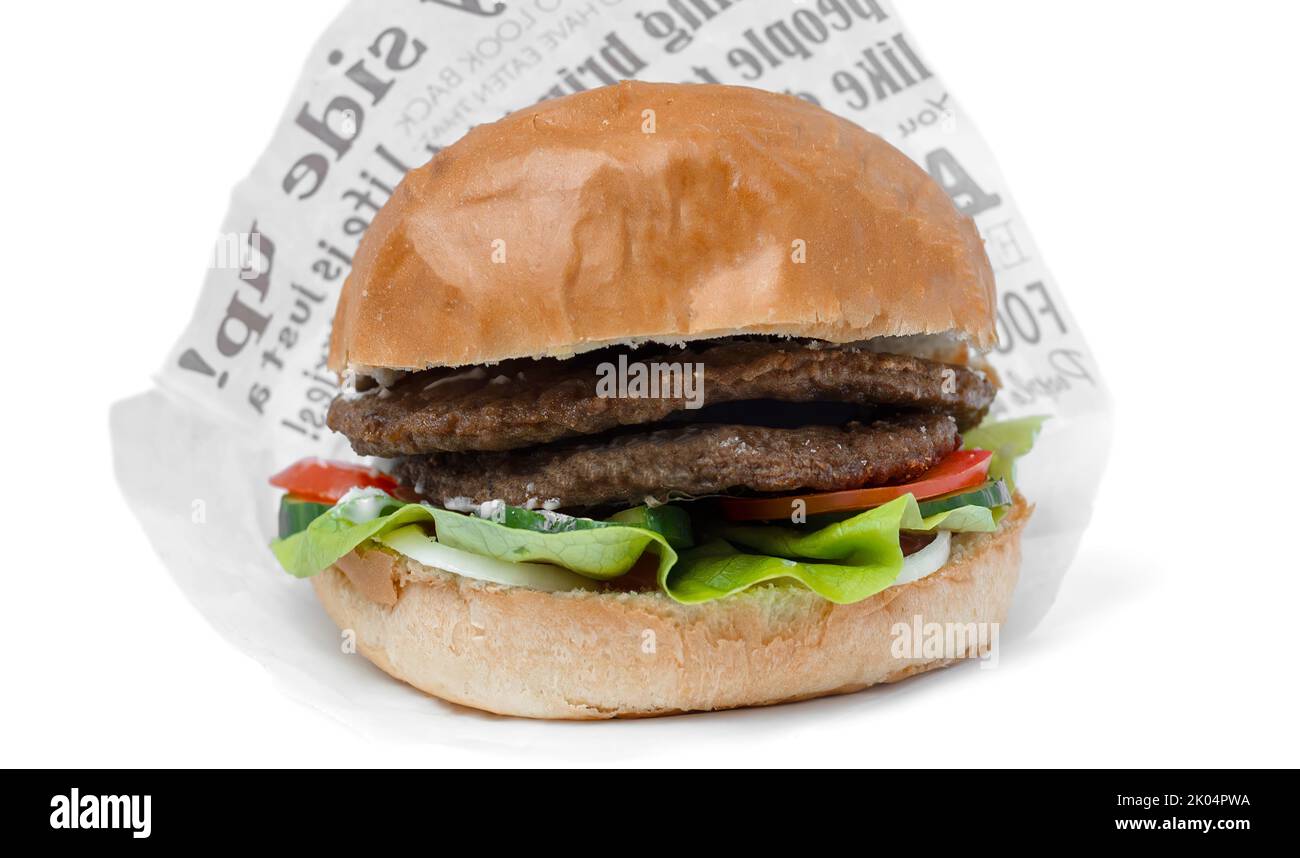 double meaty Beef Burger isolated on white background Stock Photo