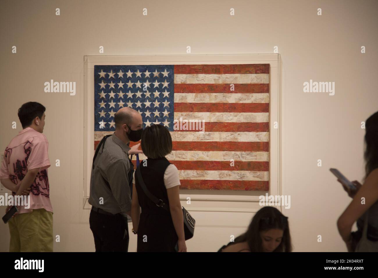 'Flag', 1954; Jasper Johns, Museum of Modern Art. Flag was made on a cut bedsheet using oil paint and then encaustic, a method involving pigmented melted wax. Stock Photo