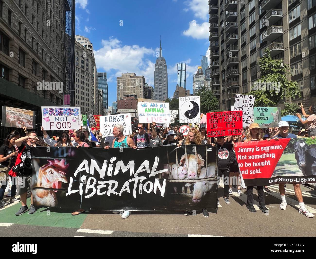 Vegans and other activists turn out for an annual Animal Rights March on Broadway  in Manhattan, New York City. Stock Photo