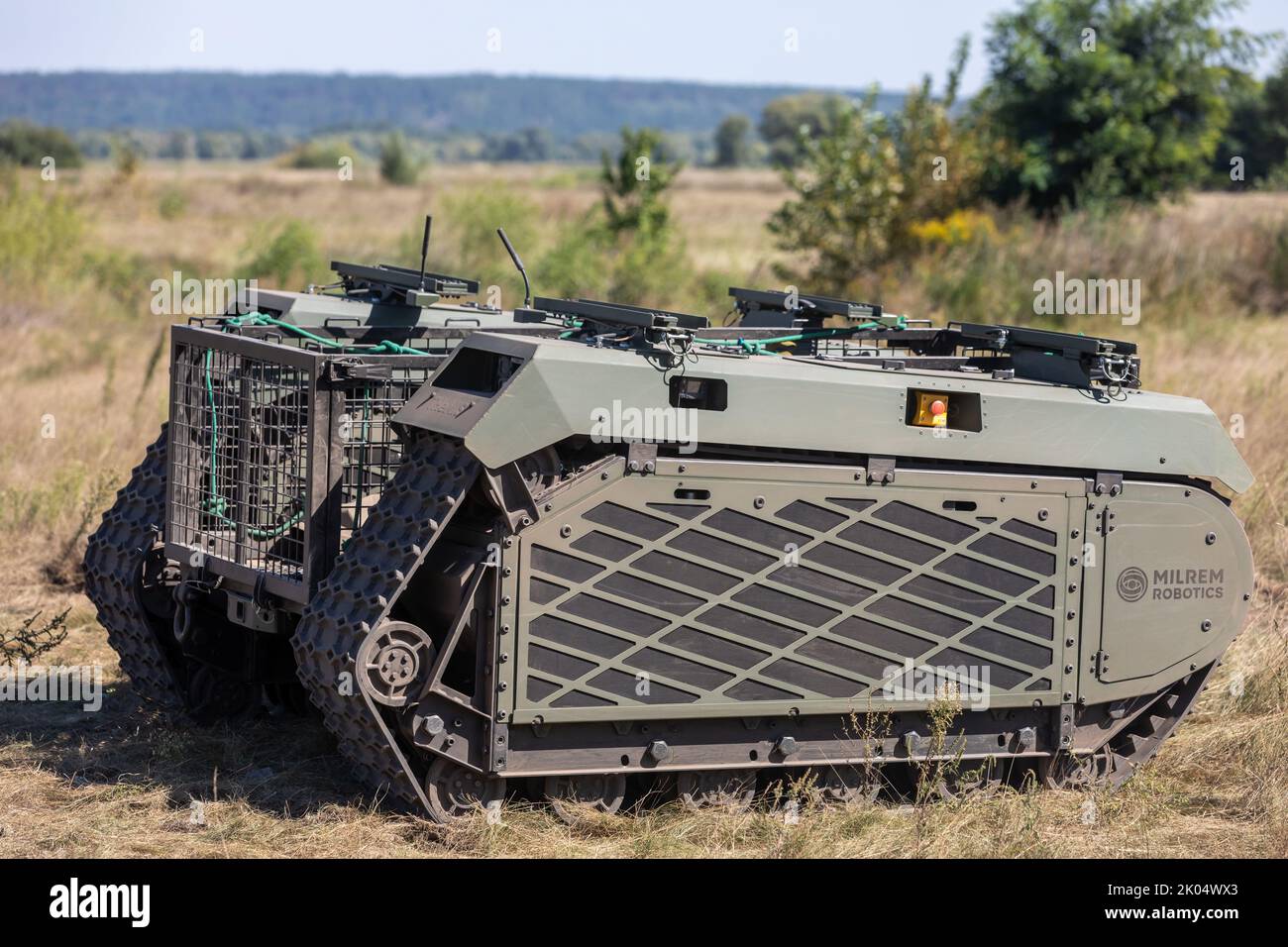 Kyiv, Ukraine. 8th Sep, 2022. General view of the THeMIS multi-purpose crawler drone during field trials. Field tests of THeMIS multi-purpose crawler drone of the Estonian company Milrem Robotics which will be used for evacuation purpose on the frontline of wounded soldiers by Medical battalion ''Hospitallers''. The evacuation robot ''Zhuravel'' passed the first test. The robot will be used on the front line, in those places where it is difficult for medics to reach by vehicle or on foot. (Credit Image: © Mykhaylo Palinchak/SOPA Images via ZUMA Press Wire) Stock Photo