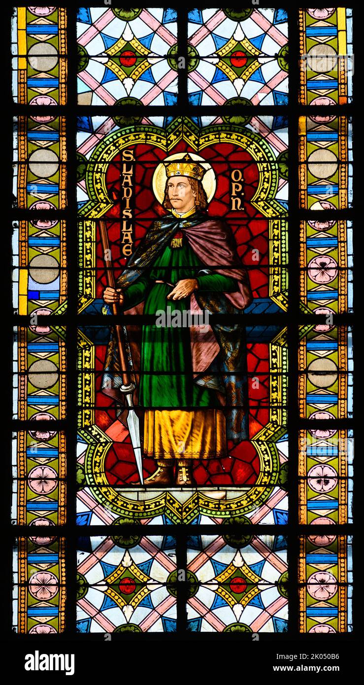 Saint Ladislas (Ladislaus I of Hungary). Stained-glass window in the Blumental church in Bratislava, Slovakia. Stock Photo