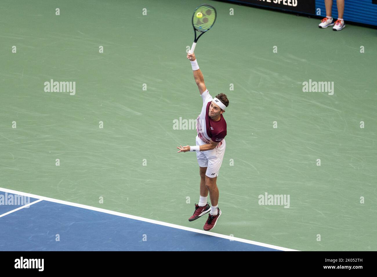 New York, USA. 09th Sep, 2022. Casper Ruud of Norway serves during semifinal of US Open Championships against Karen Khachanov at USTA Billie Jean King National Tennis Center in New York on September 9, 2022. Ruud won in four sets and will play his first ever US Open final. (Photo by Lev Radin/Sipa USA) Credit: Sipa USA/Alamy Live News Stock Photo