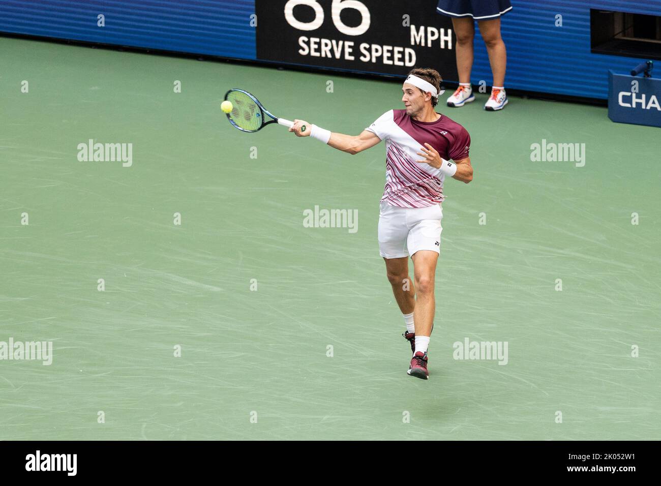 New York, USA. 09th Sep, 2022. Casper Ruud of Norway returns ball during semifinal of US Open Championships against Karen Khachanov at USTA Billie Jean King National Tennis Center in New York on September 9, 2022. Ruud won in four sets and will play his first ever US Open final. (Photo by Lev Radin/Sipa USA) Credit: Sipa USA/Alamy Live News Stock Photo