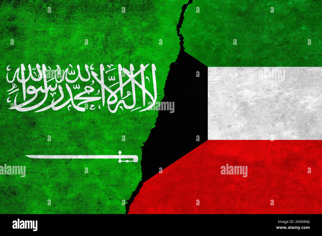 Saudi arabia and kuwait painted flags on a wall with a crack kuwait