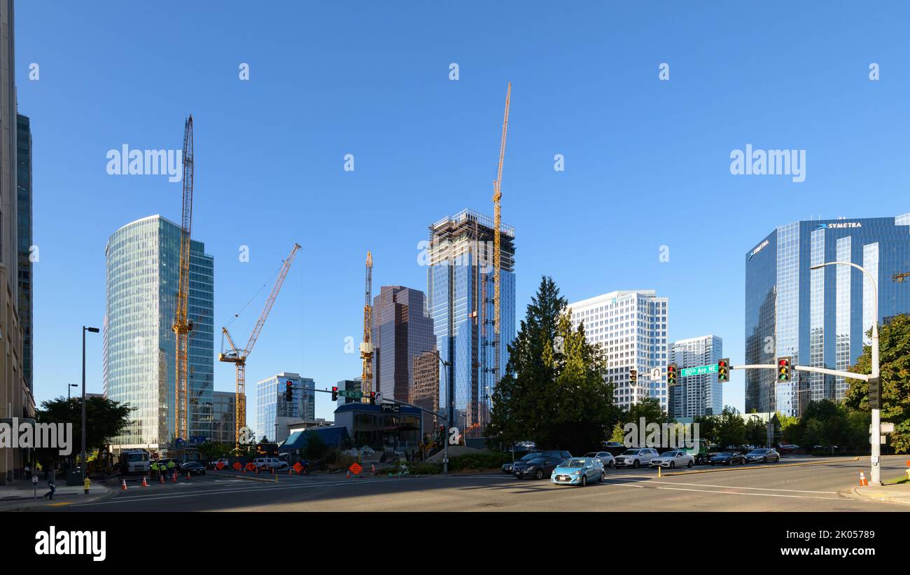 Bellevue, WA, USA - September 08, 2022; Cityscape of construction cranes in the downtown urban core of Bellevie Washington in 2022 Stock Photo