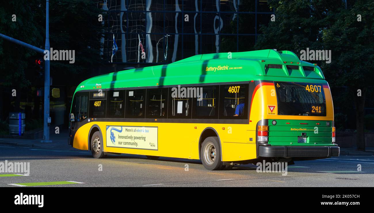 Bellevue, WA, USA - September 08, 2022; King County Metro battery electric alternate energy bus on a street in downtown Bellevue Washington Stock Photo
