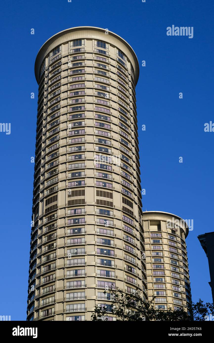 Seattle - September 07, 2022; View looking up at the Westin Hotel Towers in downtown Seattle against a clear blue sky Stock Photo