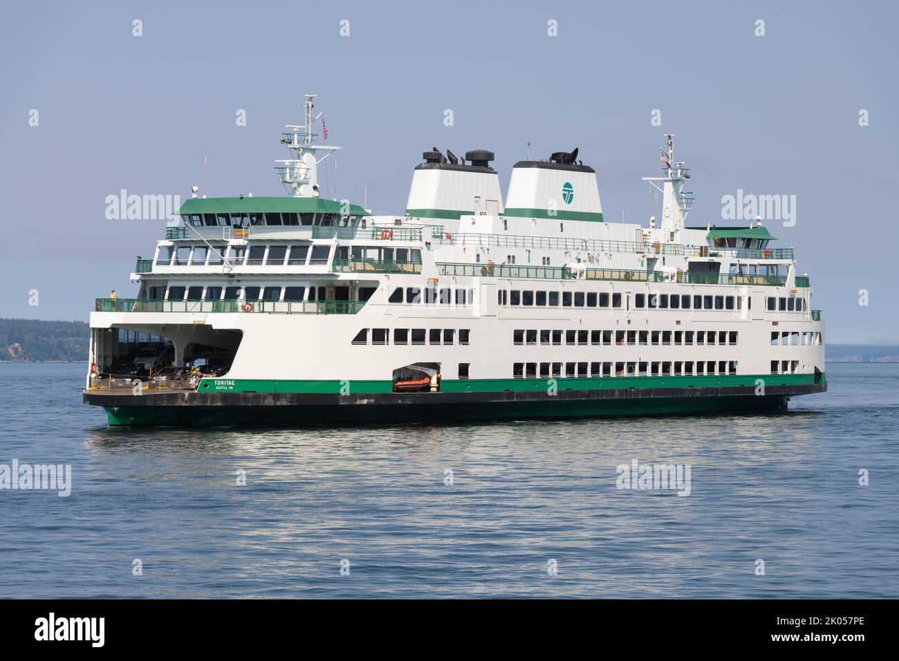 Puget Sound, WA, USA - September 02, 2022; Washington State Car Ferry Tokitae crossing Puget Sound on a calm summer morning Stock Photo