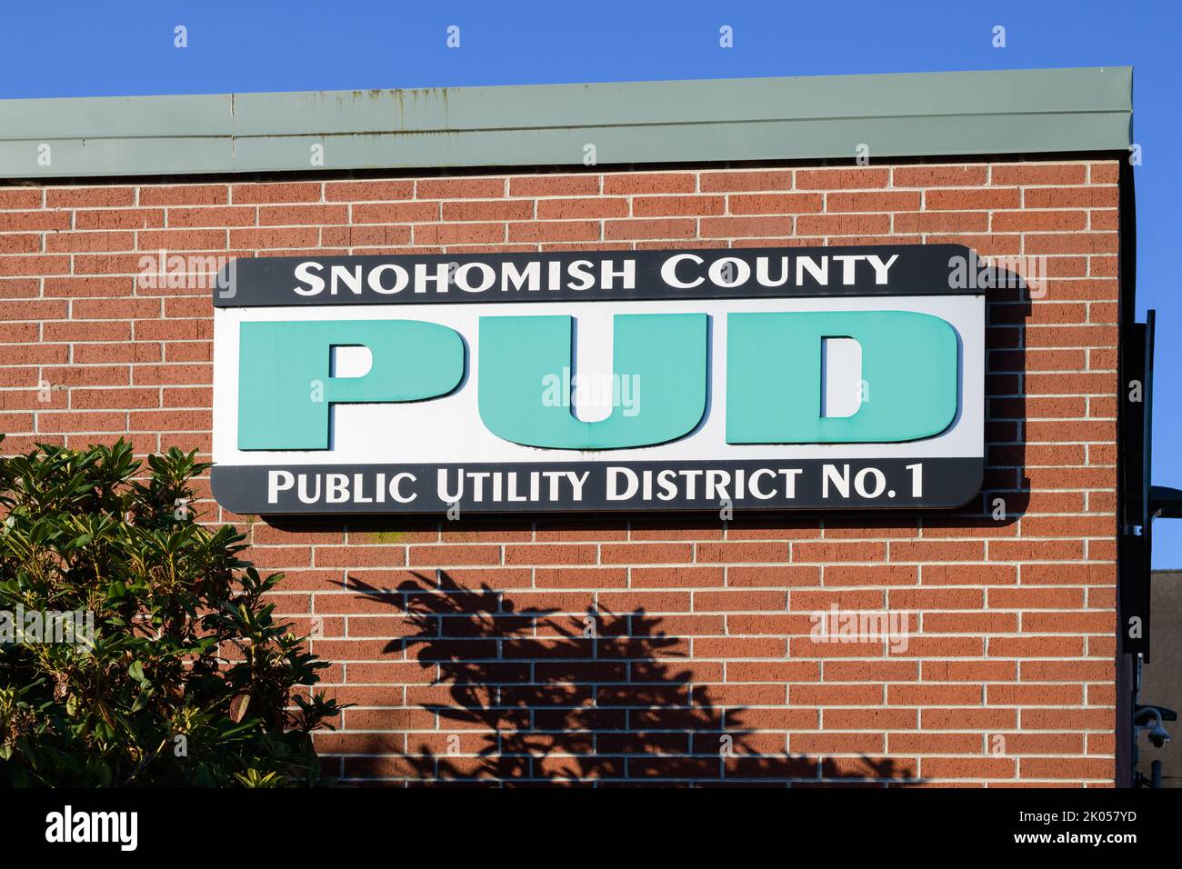 Snohomish, WA, USA - August 29, 2022; Sign on corner of building for Snohomish County Public Utility District No 1 Stock Photo