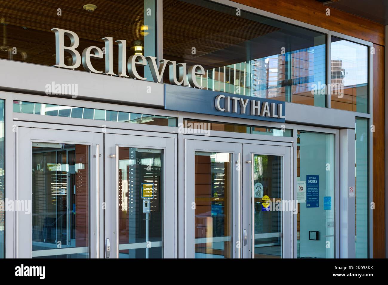 Bellevue, WA, USA - September 08, 2022; Entrance to Bellevue City Hall with name in metal letters Stock Photo