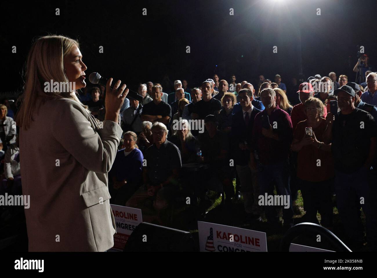 Republican candidate for the U.S. House of Representatives Karoline Leavitt speaks during a Get Out the Vote Rally with U.S. Senator Ted Cruz (R-TX) (not pictured) in Londonderry, New Hampshire, U.S., September 8, 2022. REUTERS/Brian Snyder Stock Photo