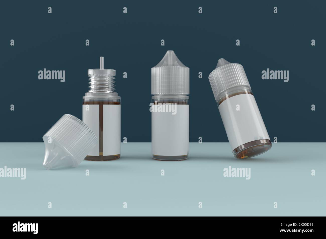 3D Render of 30 ml Bottles e juice Vape Liquid in a blue studio setting