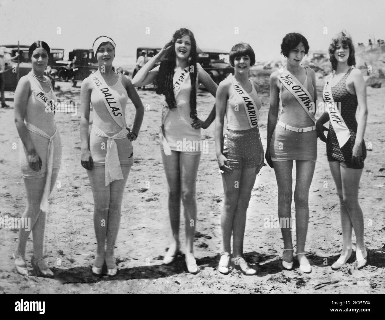 Bathing beauty pageant contestants line up on Galveston Texas beach in 1927. Stock Photo