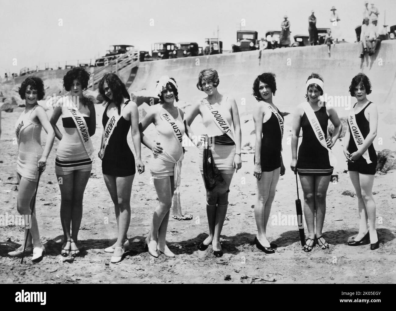 Bathing beauty pageant contestants line up on Galveston Texas beach in 1927. Stock Photo