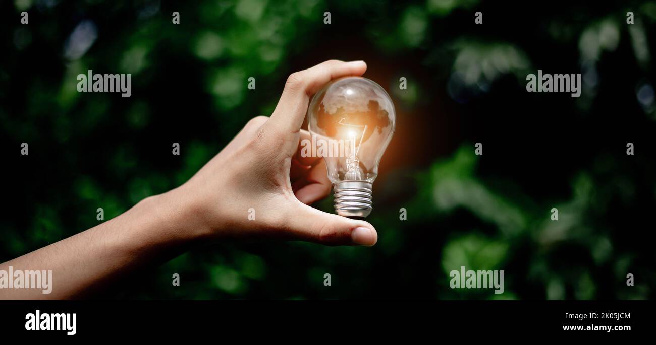 Hand holding light bulb,natural energy and love the world concept. Stock Photo