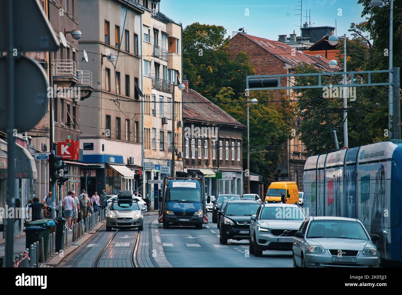 Center of Zagreb with historic architecture and traffic Stock Photo