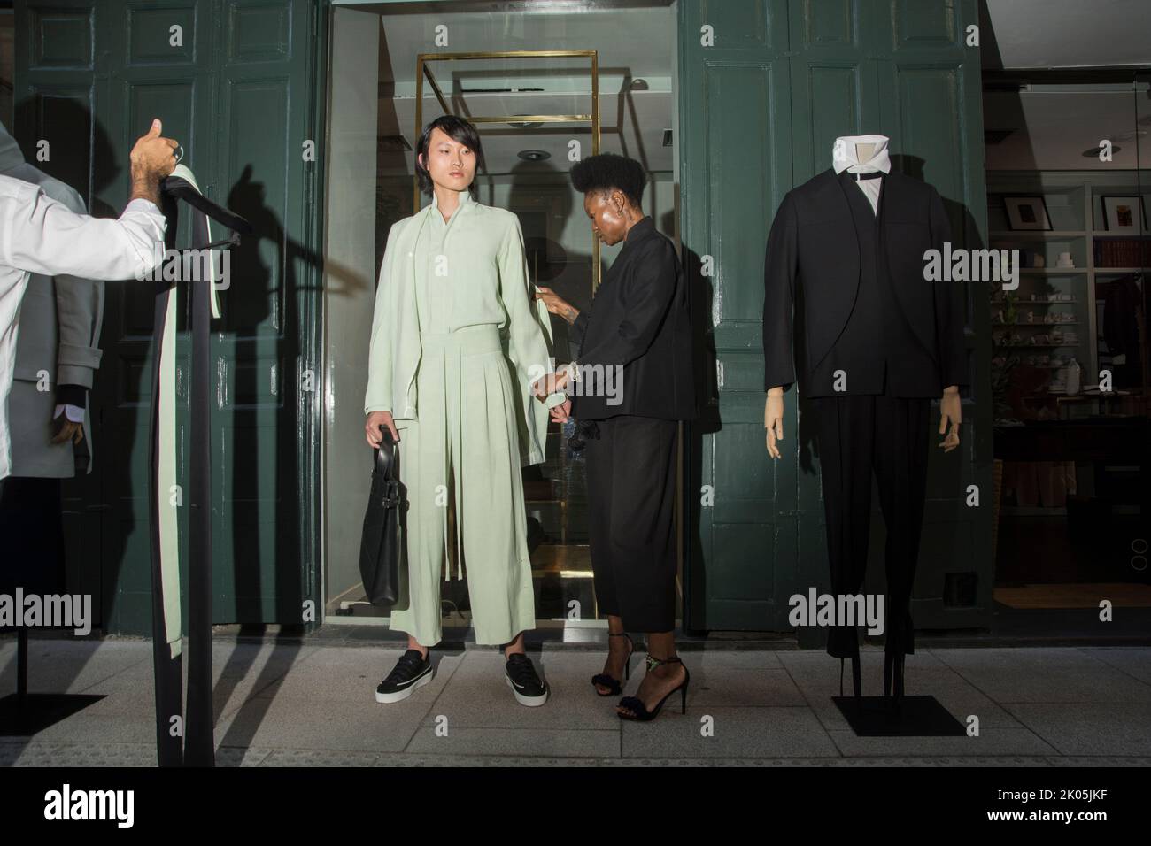 Oteyza has presented at Paris Fashion Week®. The models have left the Oteyza store to parade in Piamonte street, an urban event to show their new proposals that link Spanish High Craftsmanship with luxury streetwear. Stock Photo