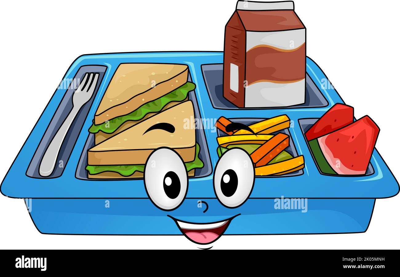 Illustration of Mascot Lunch Tray Container with Fork, Sandwich, Mixed