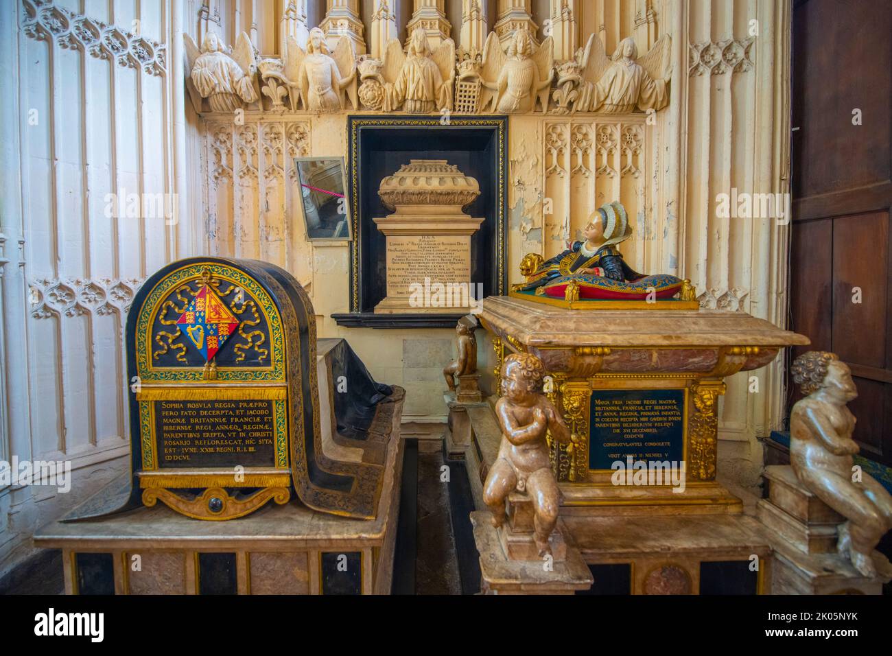 Tomb of Sophia and Mary, daughter of James I, in Westminster Abbey. The church is World Heritage Site next to Palace of Westminster in city of Westmin Stock Photo