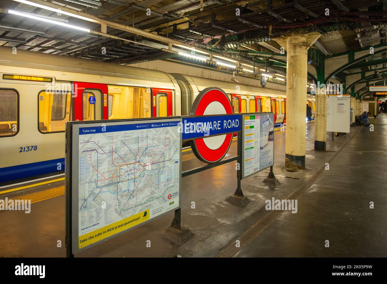 Circle Line platform at Edgware Road in city of Westminster in London, England, UK. Stock Photo