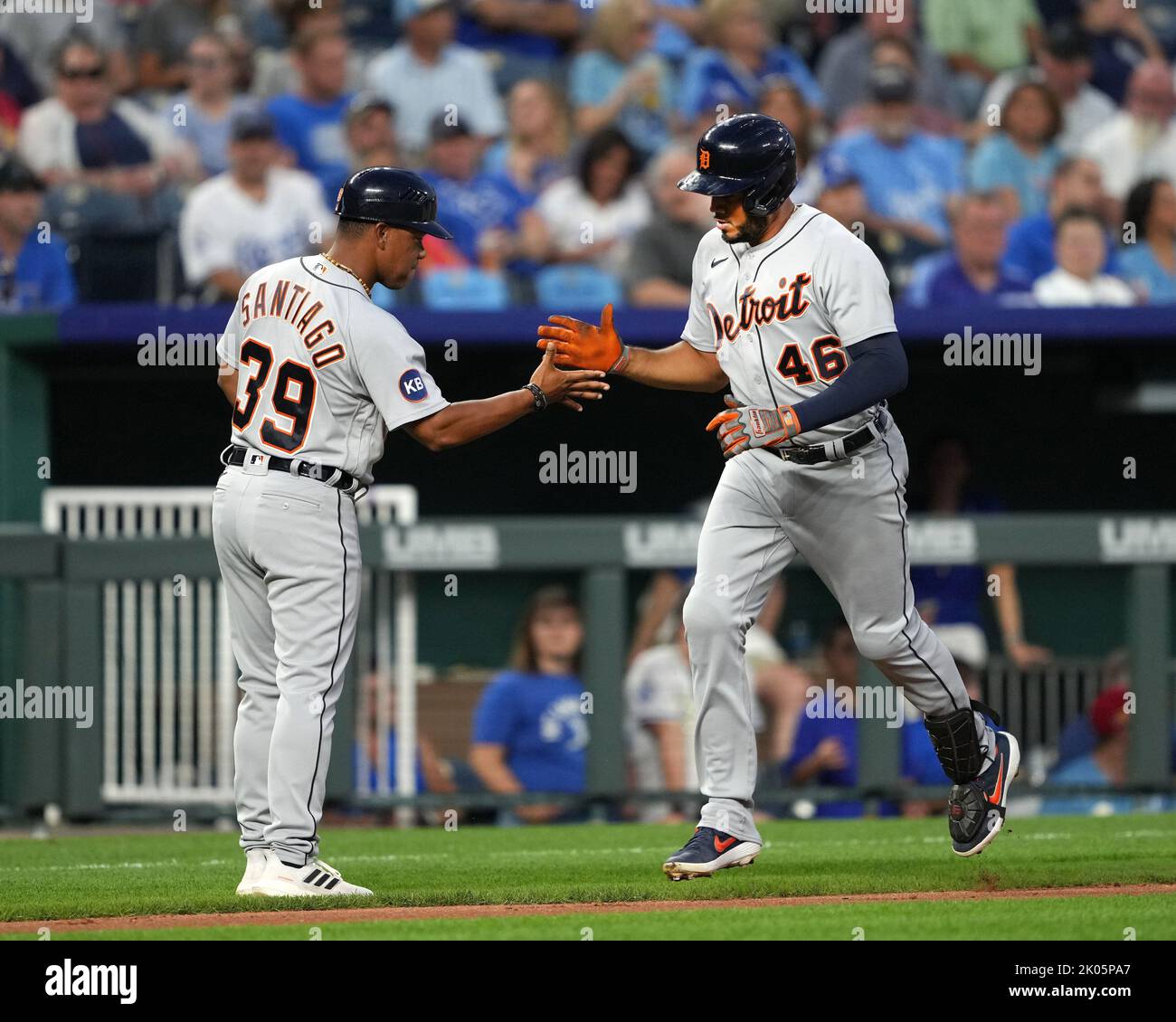 Los Angeles, California, USA. . 01st May, 2022. Detroit Tigers' Jeimer  Candelario (46) scores on Tucker Barnhart' RBI double during the eighth  inning against the Los Angeles Dodgers at Dodger Stadium in