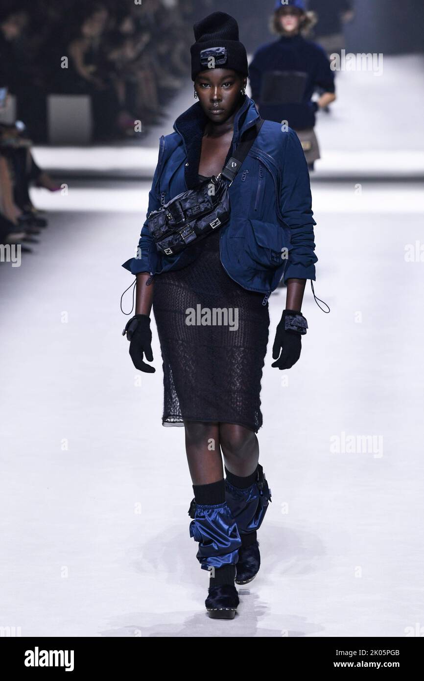 New York, USA. 09th Sep, 2022. Model Ajok Daing walks on the runway at the Fendi Resort fashion show during the Spring Summer 2023 Collections Fashion Show, celebrating the Baguette bag at New York Fashion Week in New York, NY on September 9, 2022. (Photo by Jonas Gustavsson/Sipa USA) Credit: Sipa USA/Alamy Live News Stock Photo