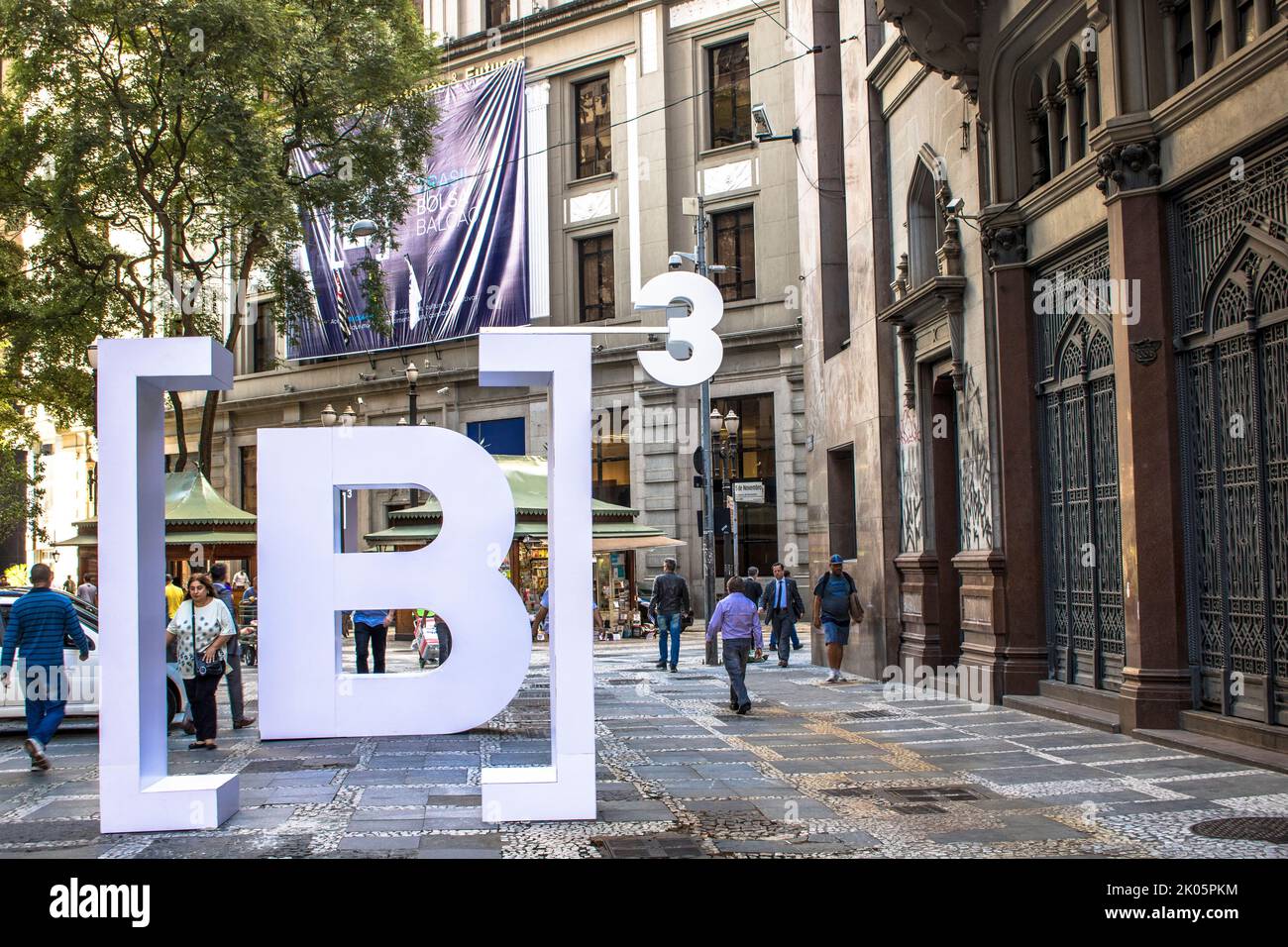 Sao Paulo, SP, Brazil, March 30, 2017. BM & F Bovespa will install panels with the company's new name, B3 - Brasil, Bolsa, Balcao, at XV de Novembro s Stock Photo