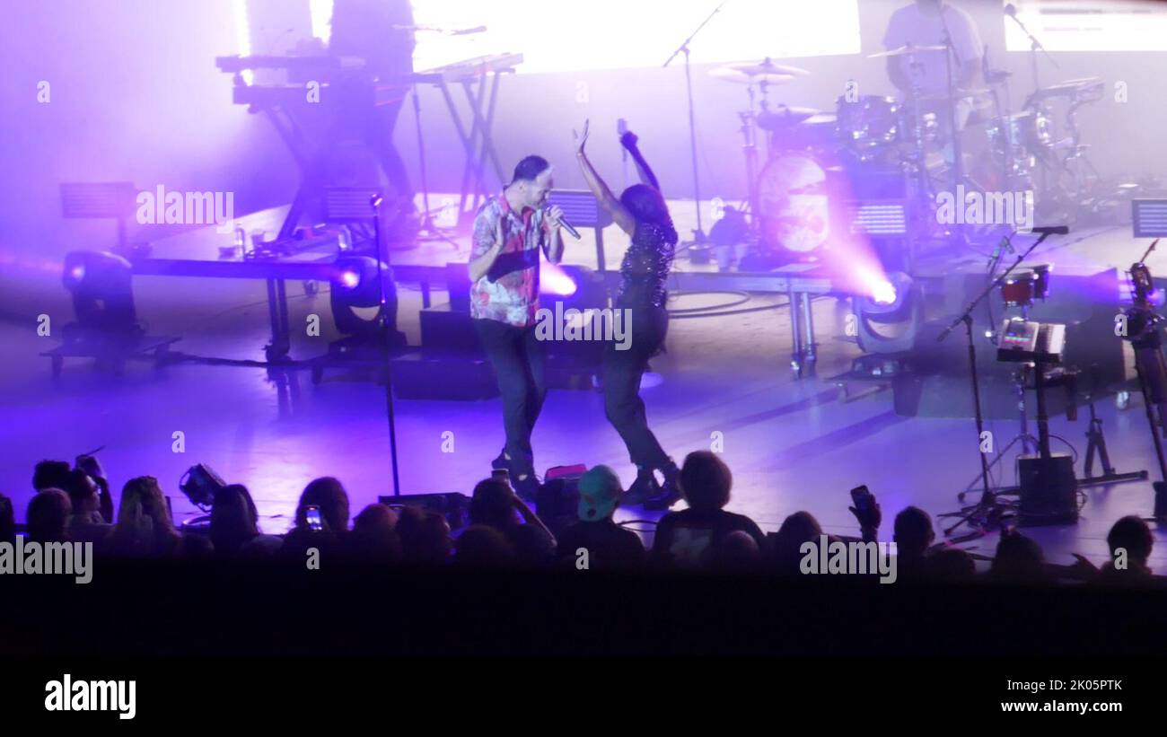 Los Angeles, California, USA 27th August 2022 Singer Noelle Scaggs and Singer Fitz of Fitz and the Tantrums perform on 'The Wrong Party' Tour at The Greek Theatre on August 27, 2022 in Los Angeles, California, USA. Photo by Barry King/Alamy Stock Photo Stock Photo