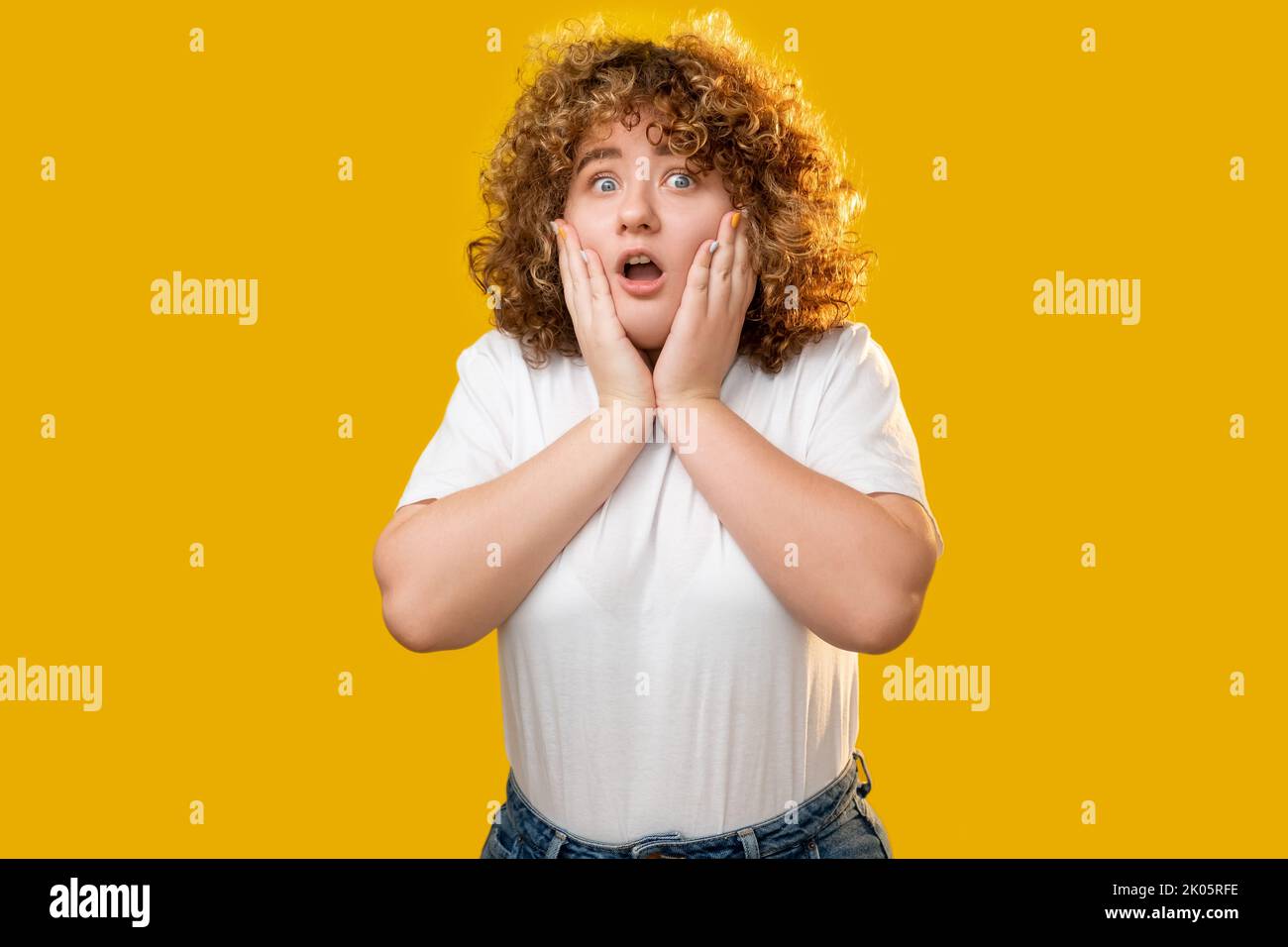 omg face shocked woman obesity overweight girl Stock Photo