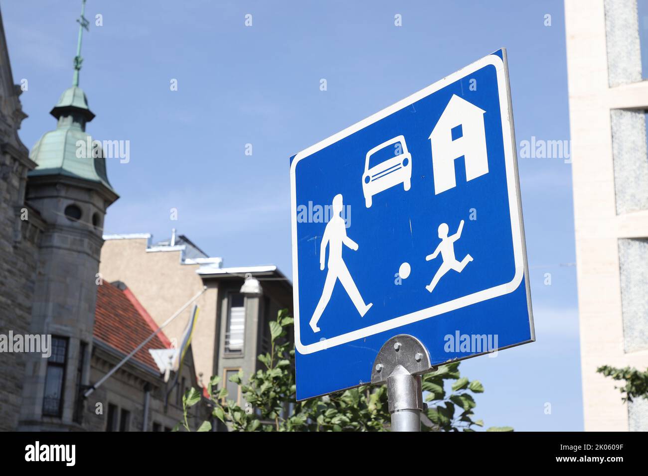 Speed limit to walking pace with residential area traffic sign in Finland. Stock Photo