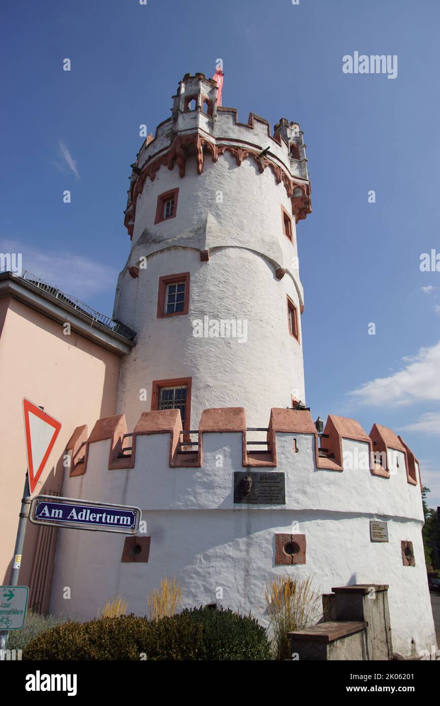 The 15th-century Adlerturm (Eagle Tower) in the German town of Rudesheim, Later tower was converted into an inn Zum Adler. Visited by Goethe. Summer, Stock Photo