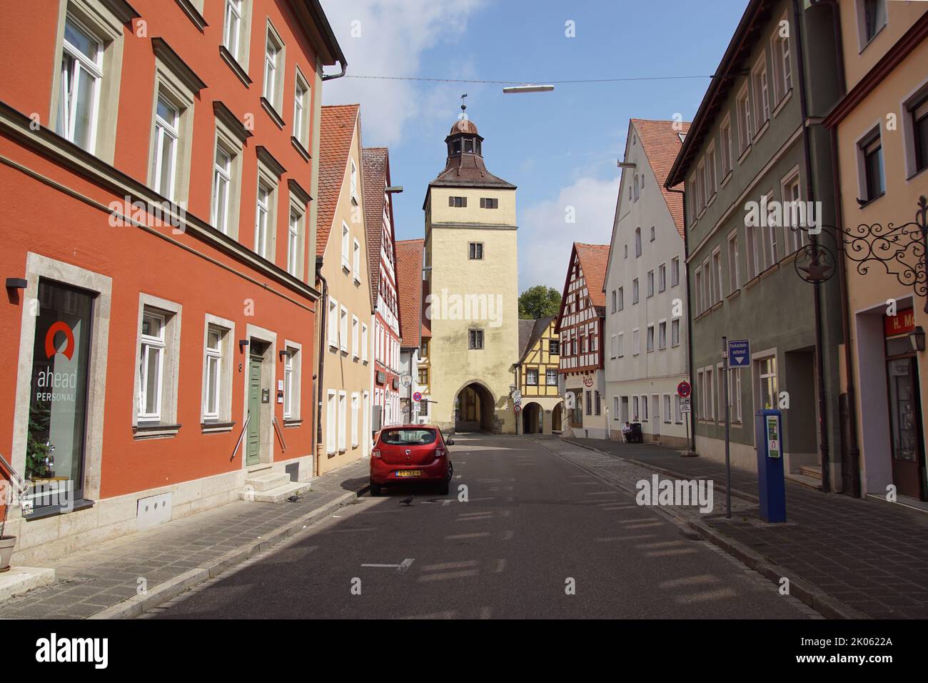 Ellinger Tor, the medieval city gate in the German city of Weißenburg. Street, half-timbered houses. Summer. August. Stock Photo