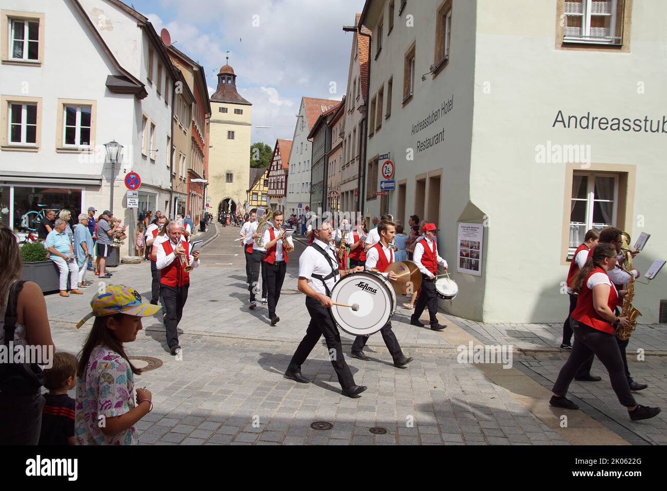 Parade after the festival, called Kirchweih in the German city of Weissenburgh in the Ellinger Strasse. Fanfare, band, music, drum. summer. August. Stock Photo