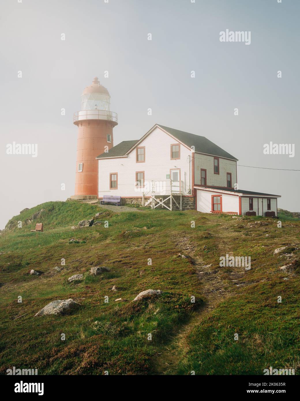 Ferryland Lighthouse in morning mist, Ferryland, Newfoundland and