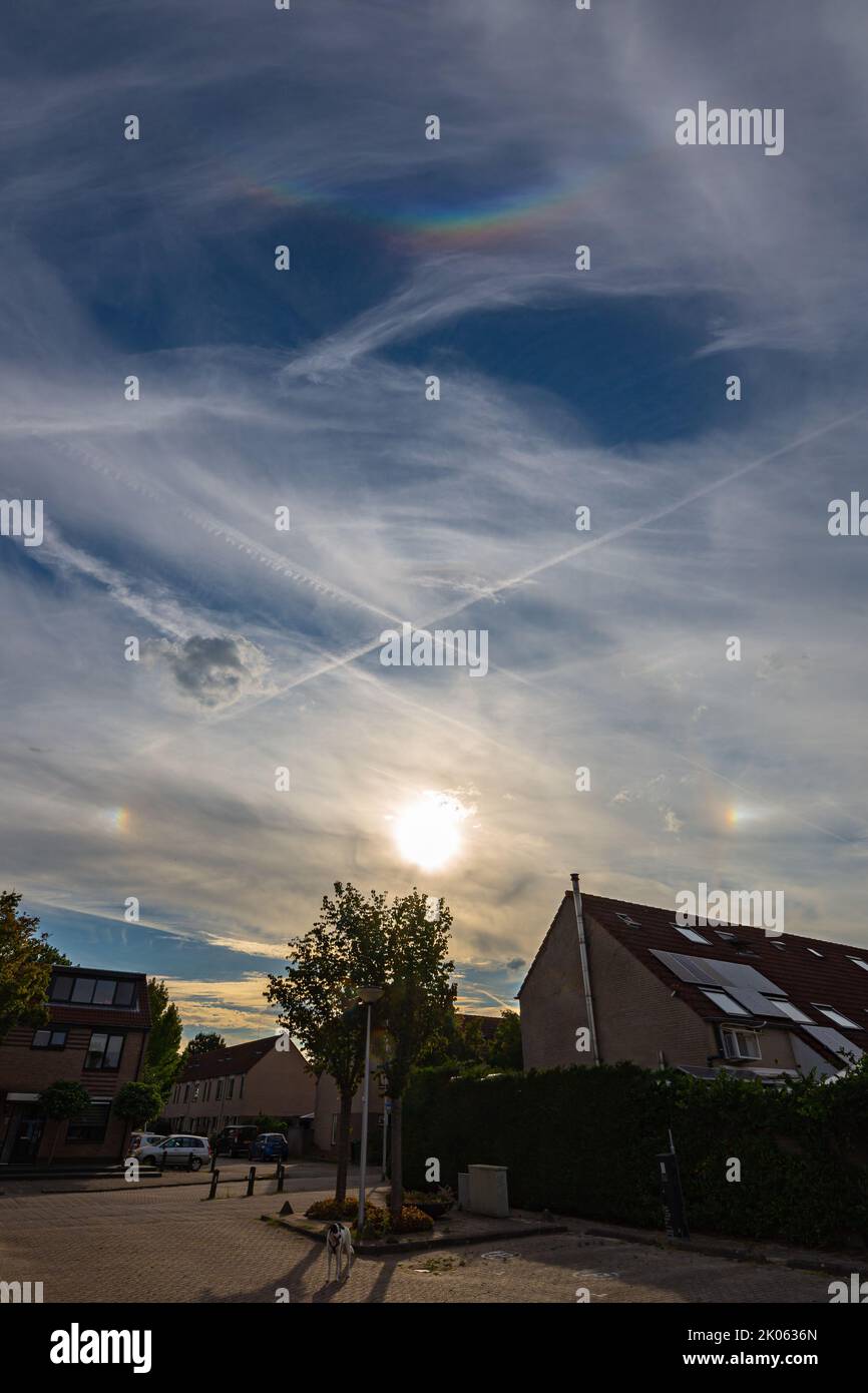 Complex halo phenomenon in the sky with two bright parhelia, 22 degrees circle and circumzenithal arc. Stock Photo